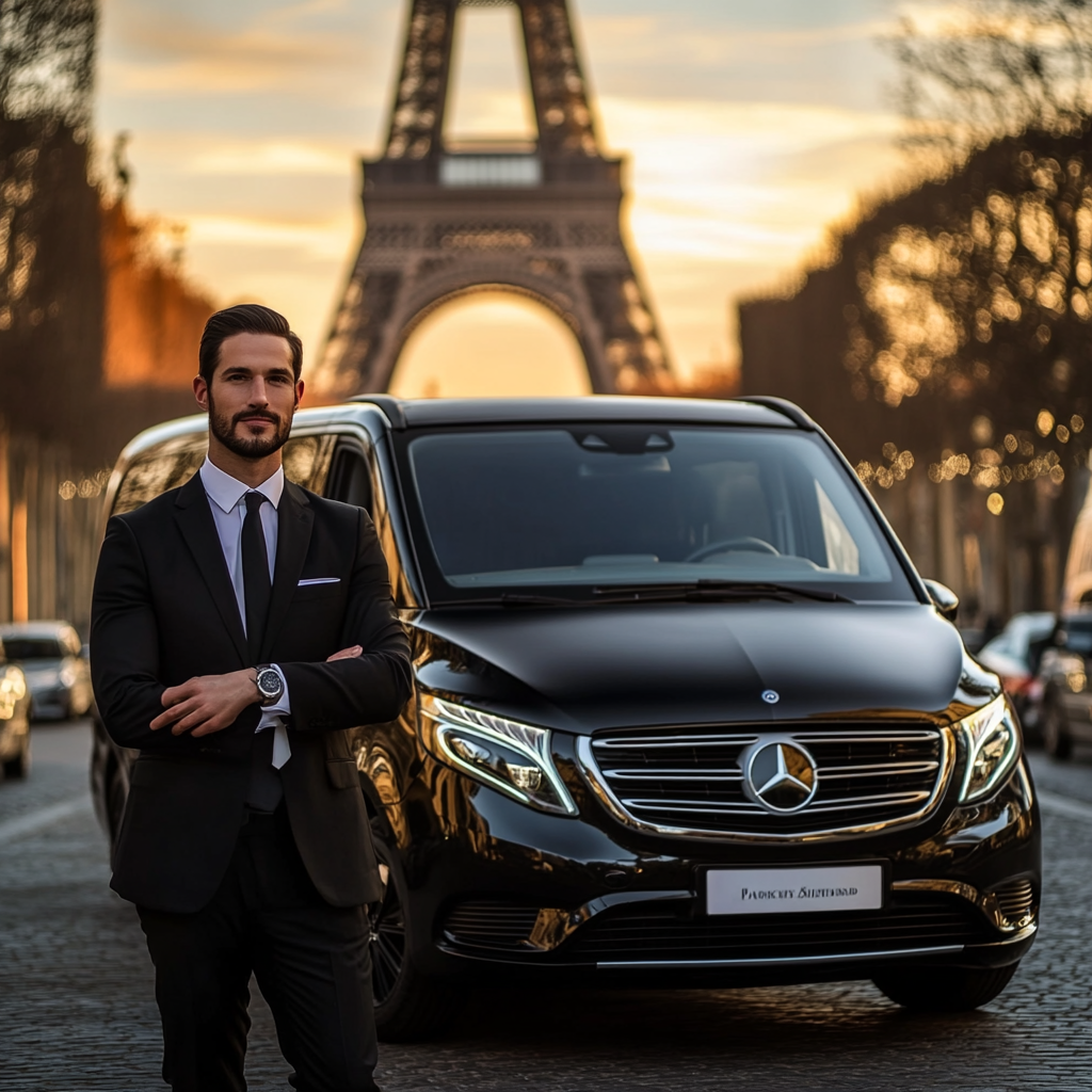 Chauffeur privé en van à Paris devant la Tour Eiffel, offrant un service haut de gamme et personnalisé.
