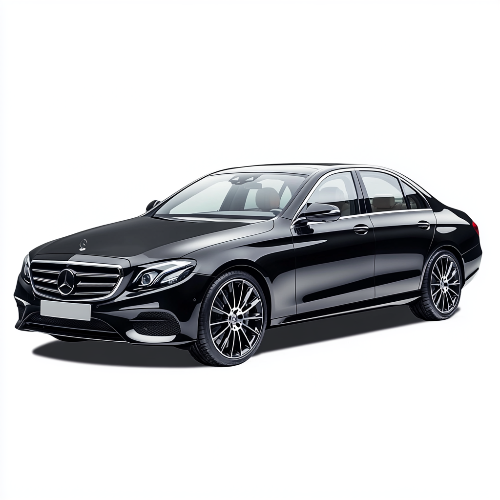 Vue de trois quarts face d'une Mercedes-Benz Classe E noire sur fond blanc, illustrant le summum du transport de luxe