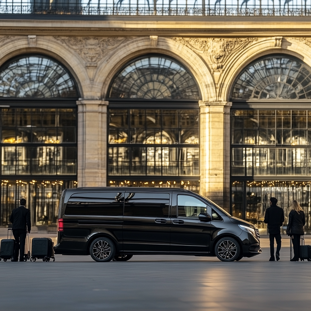 Van de luxe noir stationné devant une grande gare européenne avec des voyageurs portant des valises. Chauffeur privé disponible pour des transferts haut de gamme.