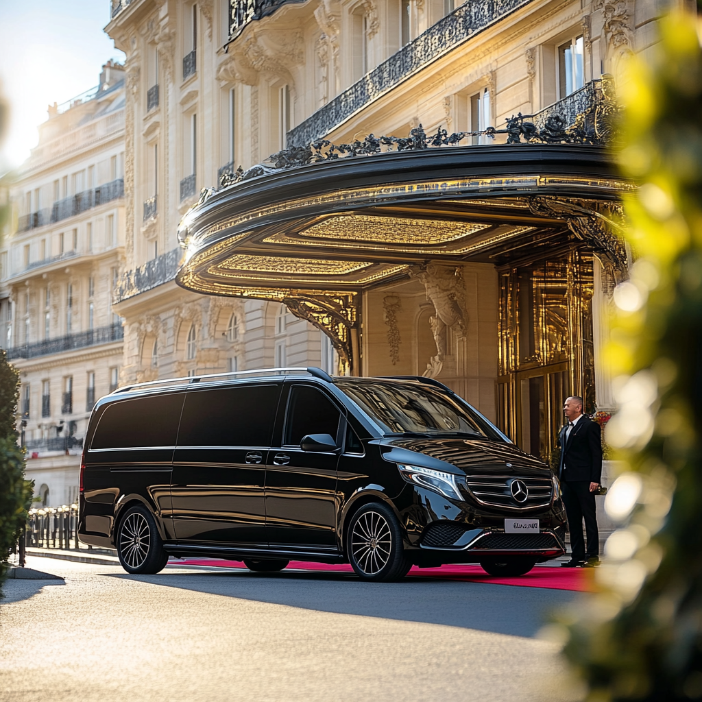 Van de luxe noir stationné en pleine journée devant un hôtel 5 étoiles à Paris, illustrant un service de mise à disposition avec chauffeur privé.