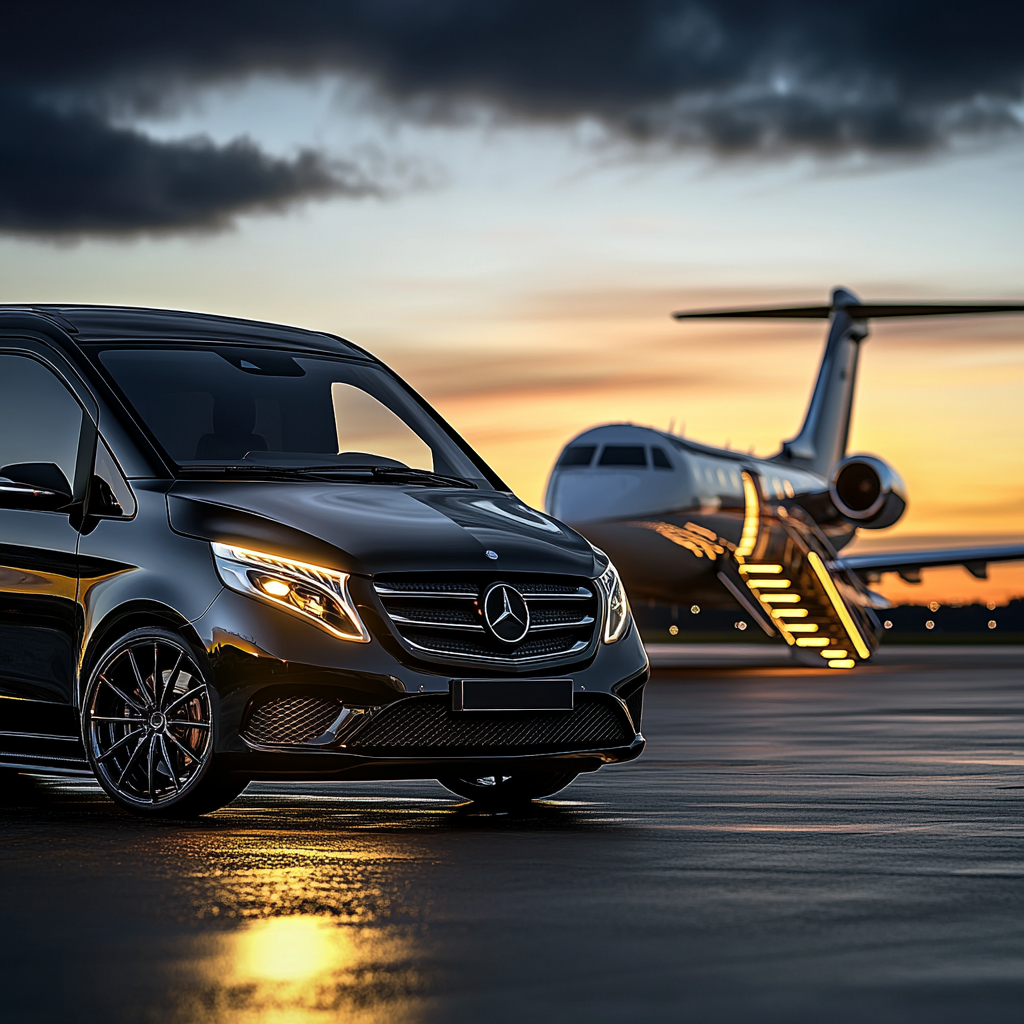 Van de luxe noir stationné sur le tarmac d’un aéroport, près d’un avion privé, illustrant un service de transfert VIP avec chauffeur.