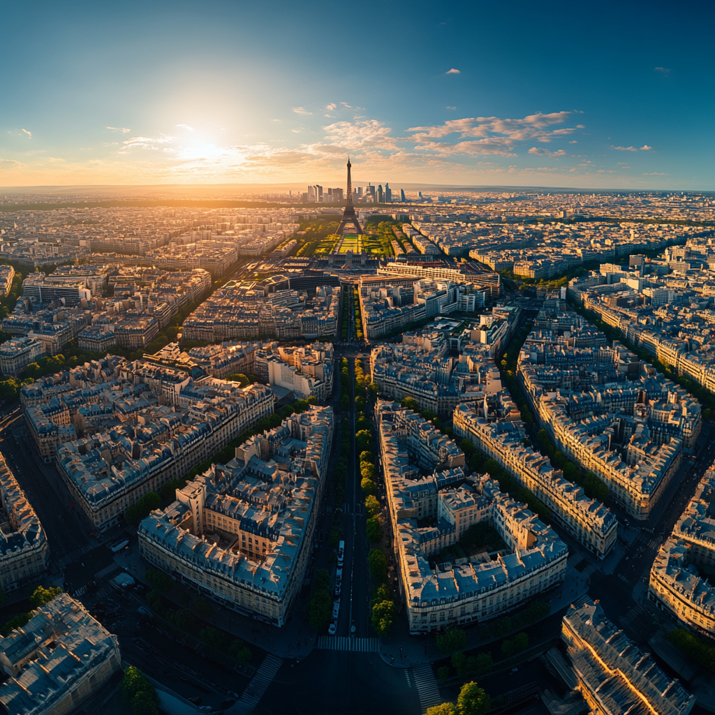 Image montrant une vue aérienne de Paris avec un van de luxe traversant les rues parisiennes.
