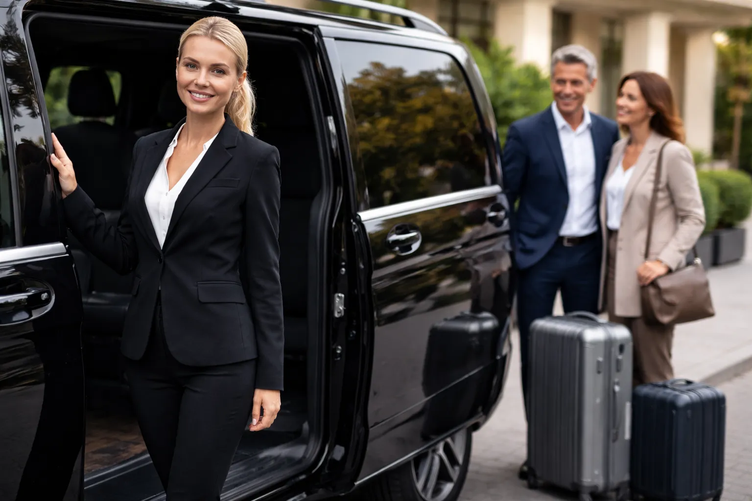 chauffeuse en tailleur avec clients devant van noir luxe à Vaucresson