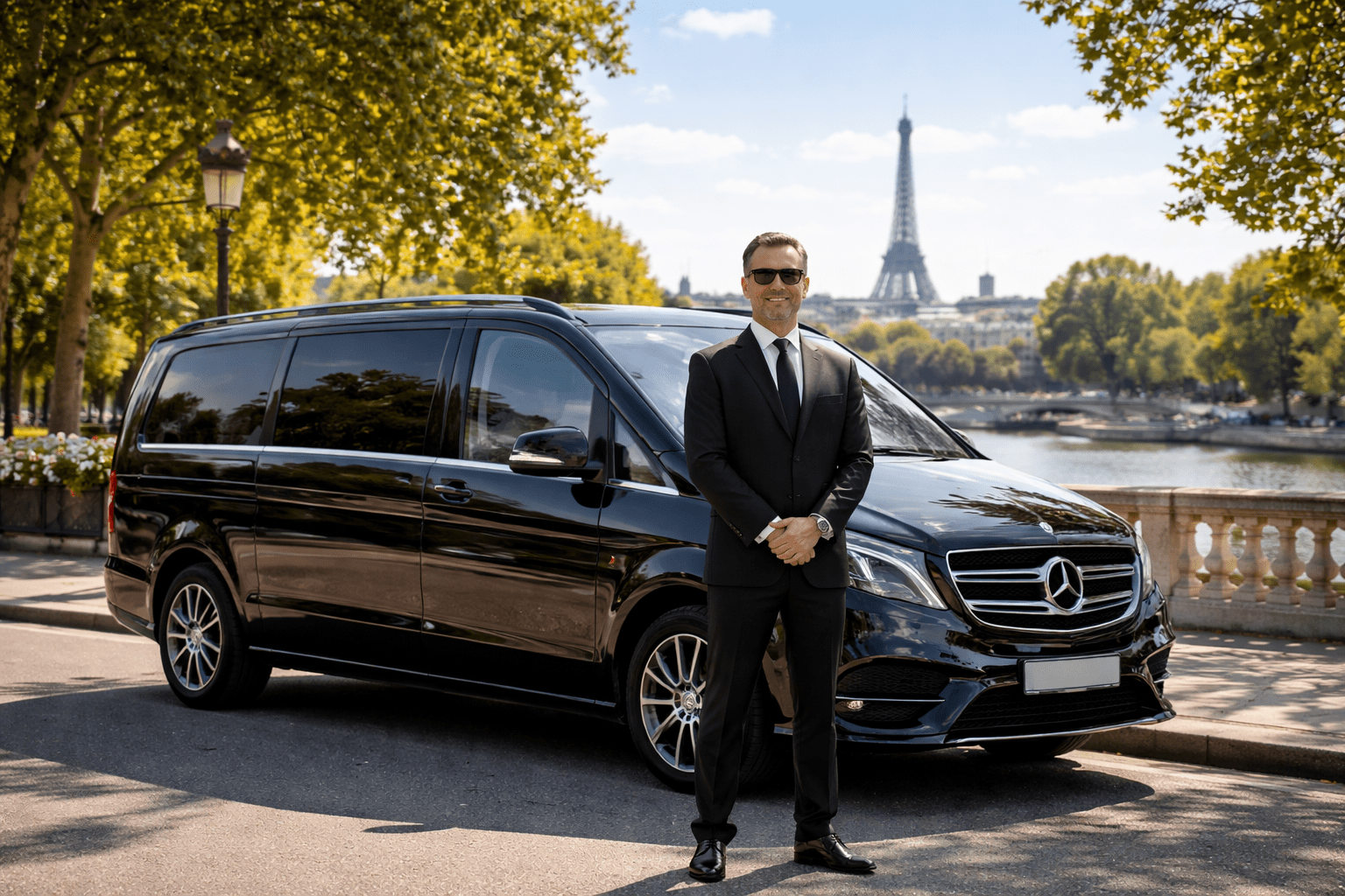 chauffeur luxe suresnes avec van noir en été devant un véhicule haut de gamme à Suresnes