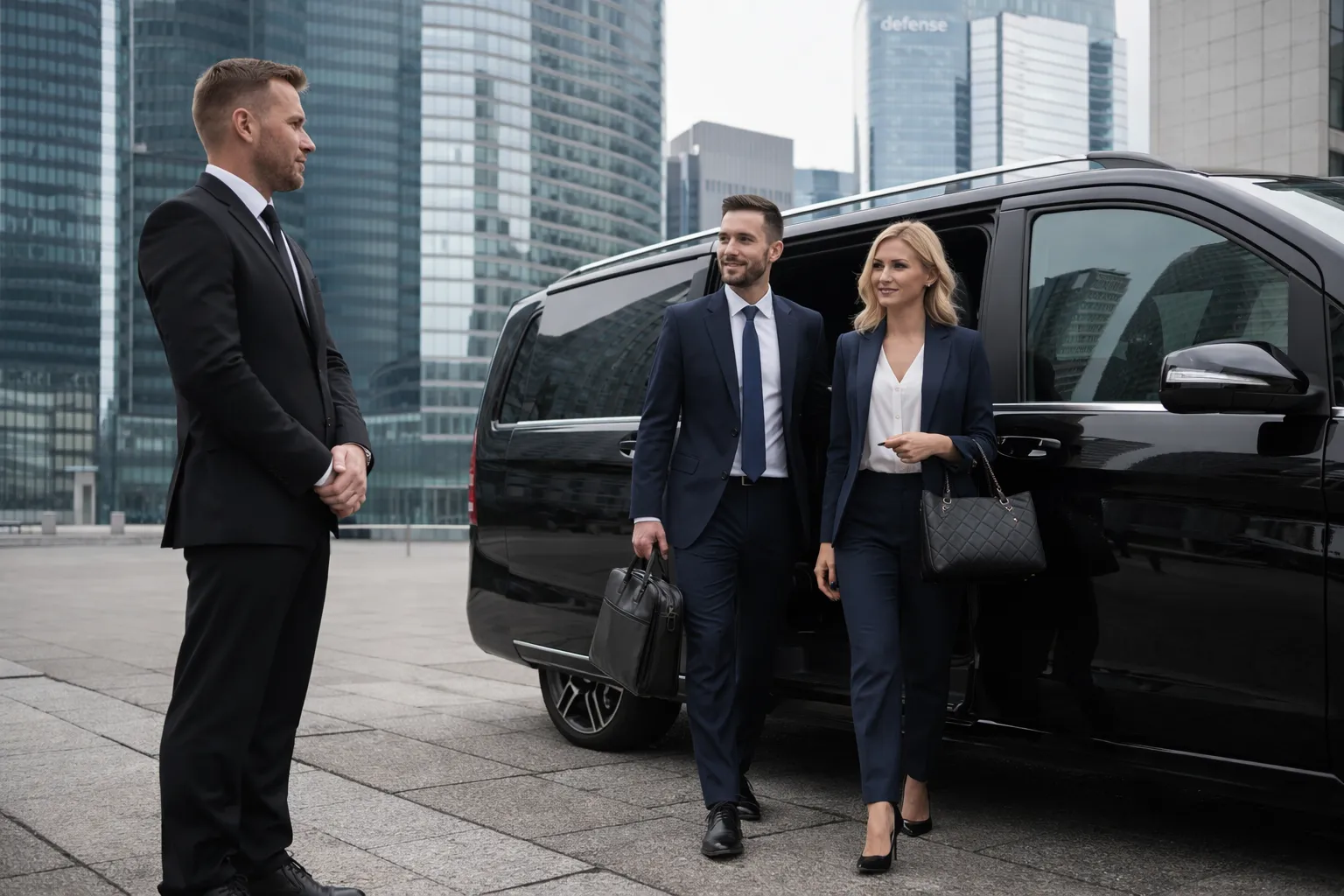 chauffeur luxe Vaucresson avec van noir et entrepreneurs à La Défense