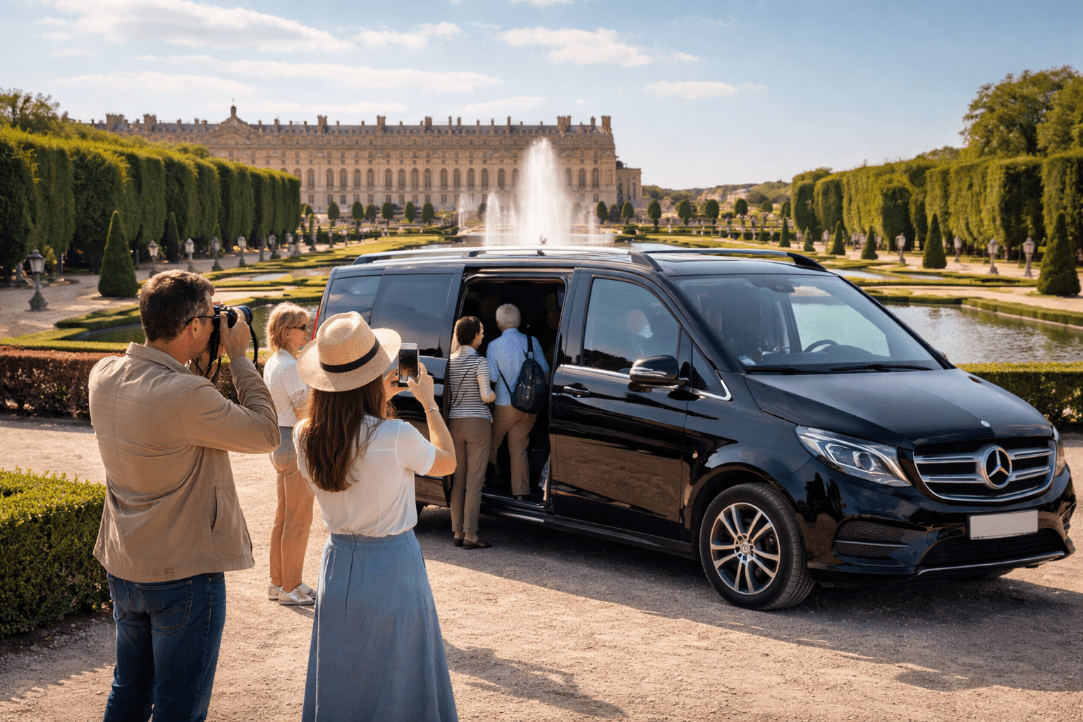 chauffeur luxe Versailles van Mercedes Classe V devant les jardins du château avec touristes