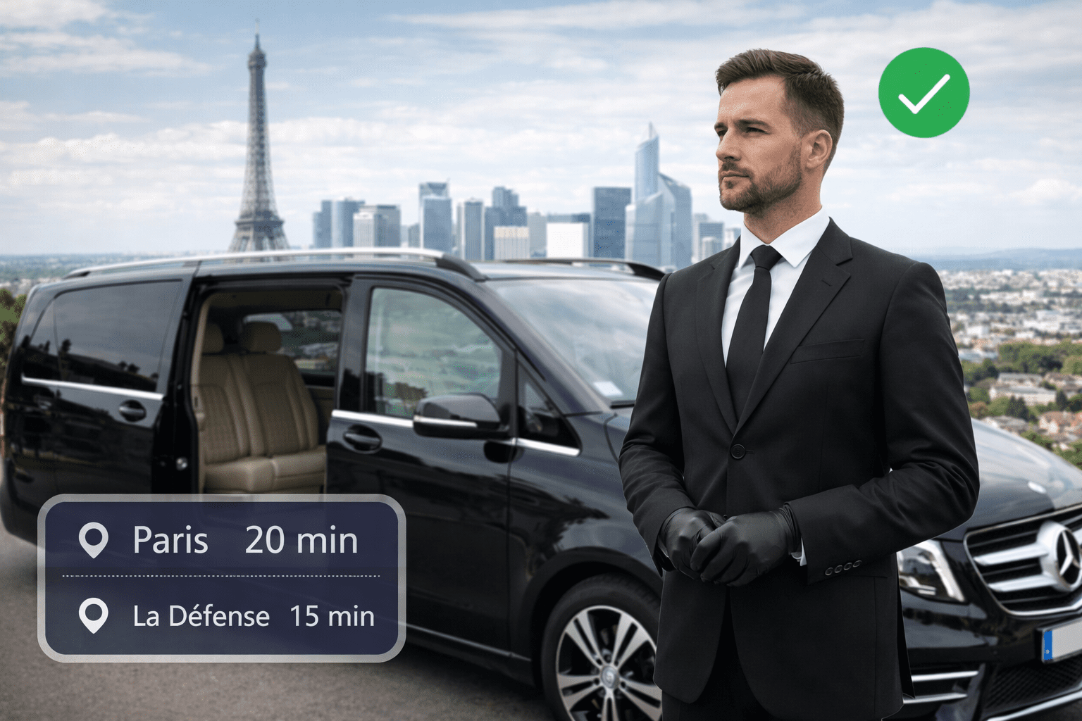 hauffeur prive van garches avec van noir devant Paris et La Défense temps de trajet rapide