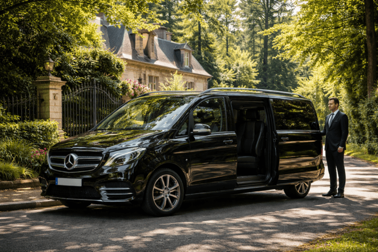 chauffeur privé van Vaucresson Mercedes Classe V devant résidence haut de gamme