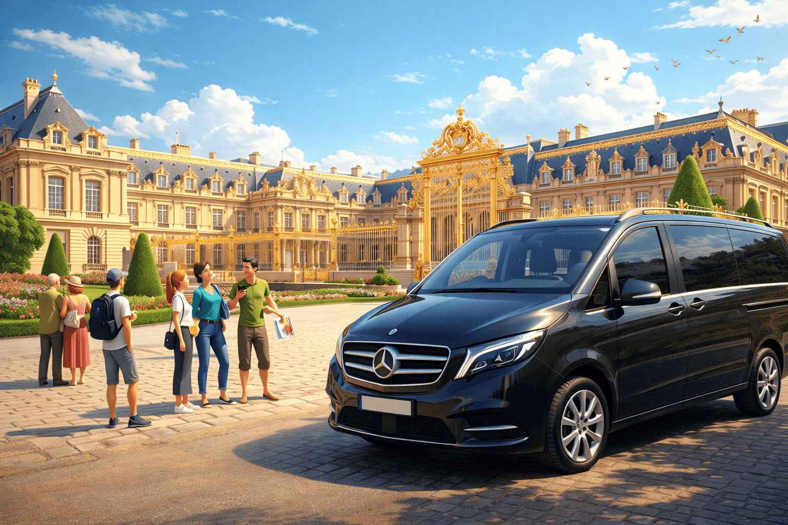 Chauffeur privé van Versailles devant le Château de Versailles avec touristes en visite