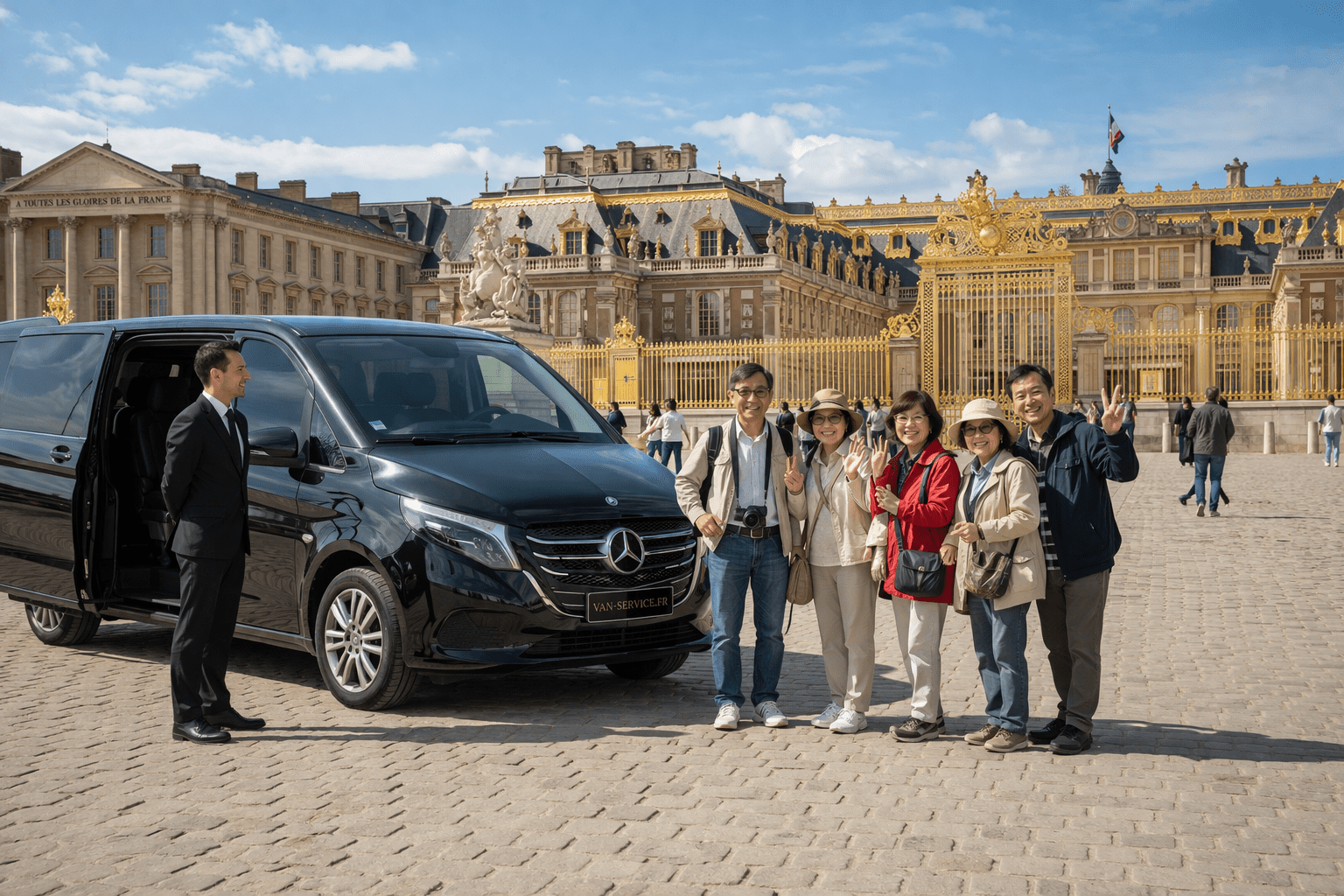 chauffeur privé van Versailles avec groupe de touristes devant le château de Versailles