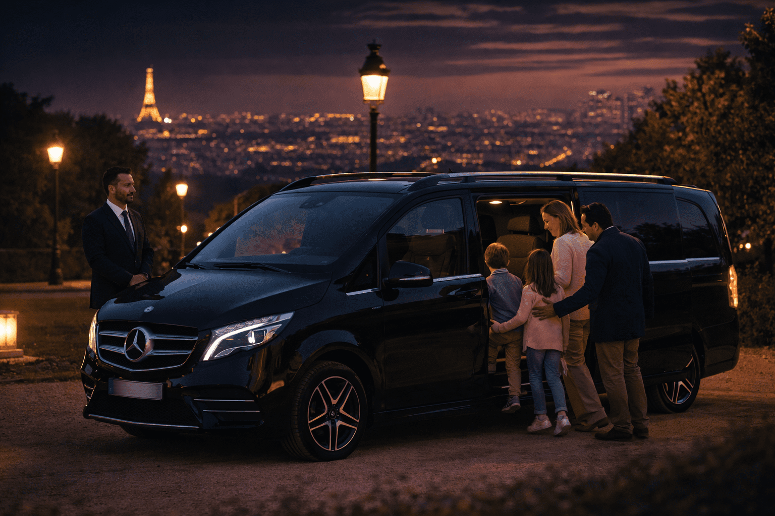 chauffeur van mercedes classe v garches avec famille en soirée