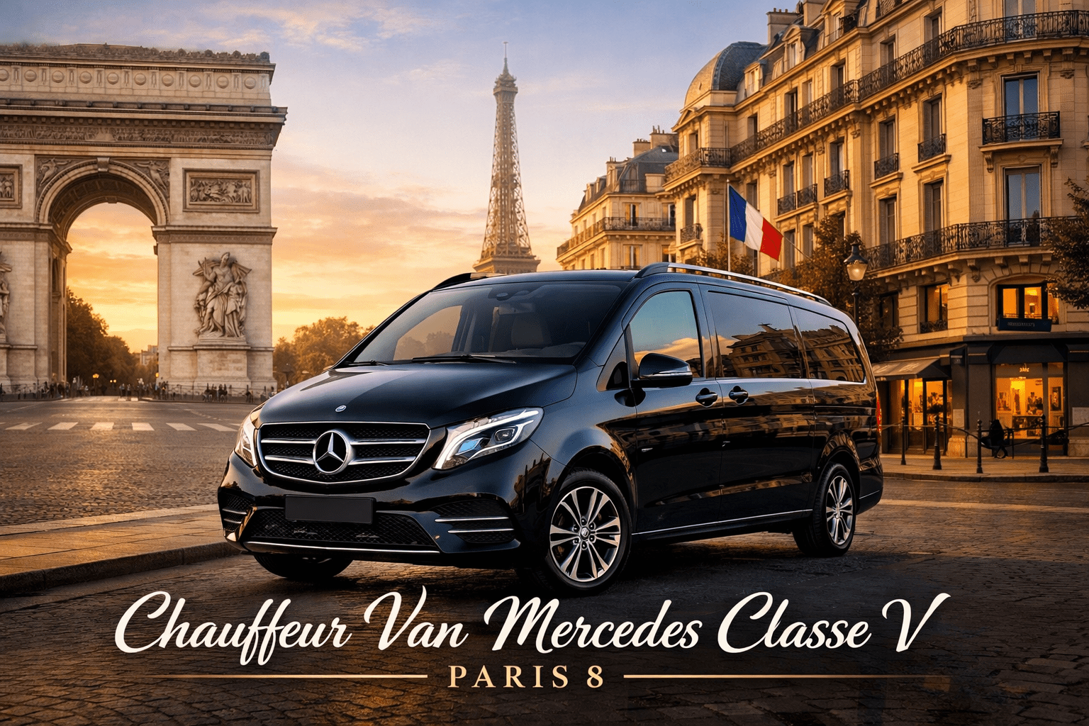 Chauffeur privé en van Mercedes Classe V dans le 8ème arrondissement de Paris près de l’Arc de Triomphe