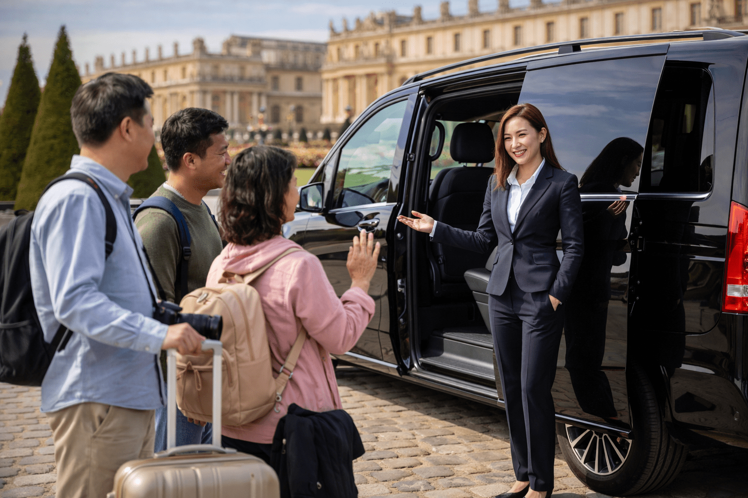 Chauffeur en van Mercedes Classe V à Versailles Notre-Dame accueillant des touristes devant le château