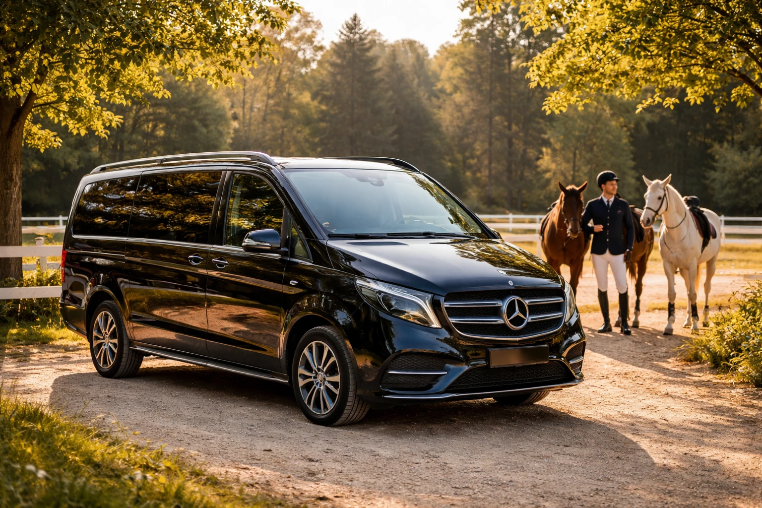 Chauffeur van Mercedes Vaucresson devant le haras de Jardy avec cavaliers et chevaux