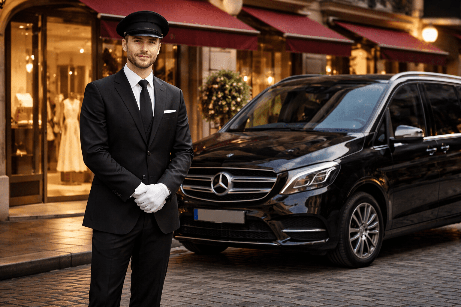 Chauffeur privé en costume noir devant un van Mercedes Classe V devant une boutique de luxe à Paris 8