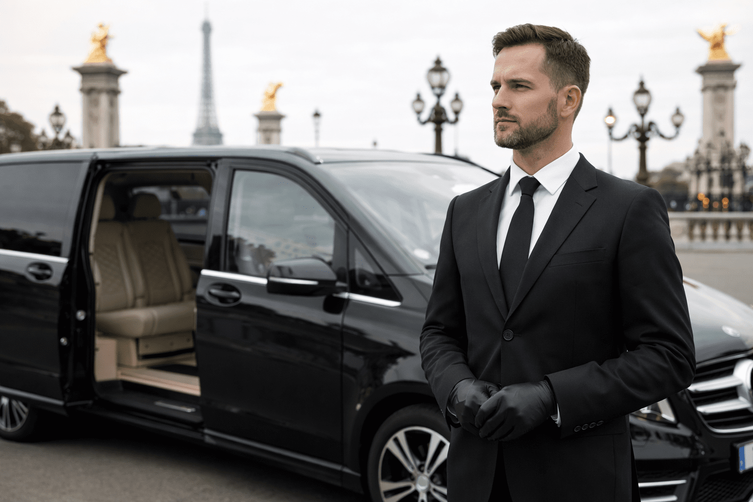 mise a disposition van suresnes avec chauffeur en costume devant un van noir haut de gamme