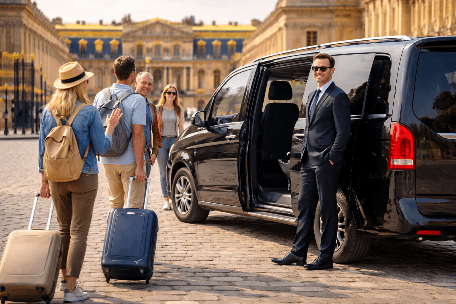 Chauffeur privé en van haut de gamme au parking du Château de Versailles accueillant des touristes américains