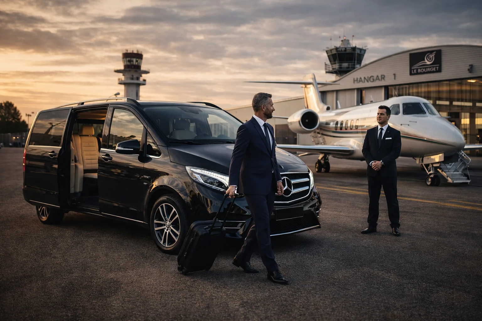 chauffeur privé van Le Bourget transfert aéroport privé jet business Mercedes Classe V Paris