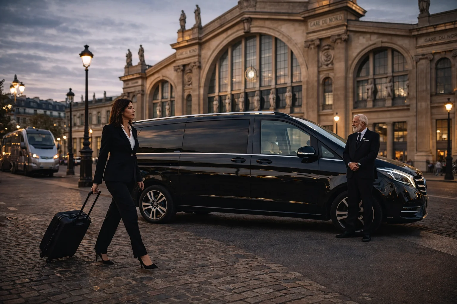 chauffeur privé van Paris gare transfert luxe Mercedes Classe V cliente business