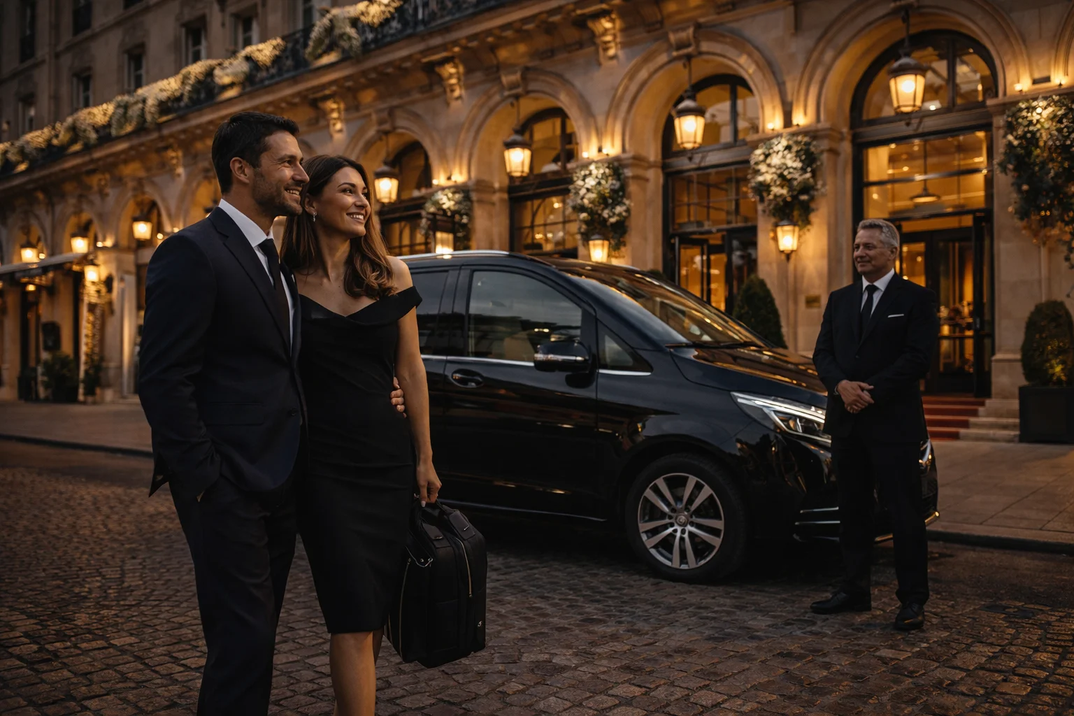 chauffeur privé van Paris hôtel luxe mise à disposition Mercedes Classe V couple élégant