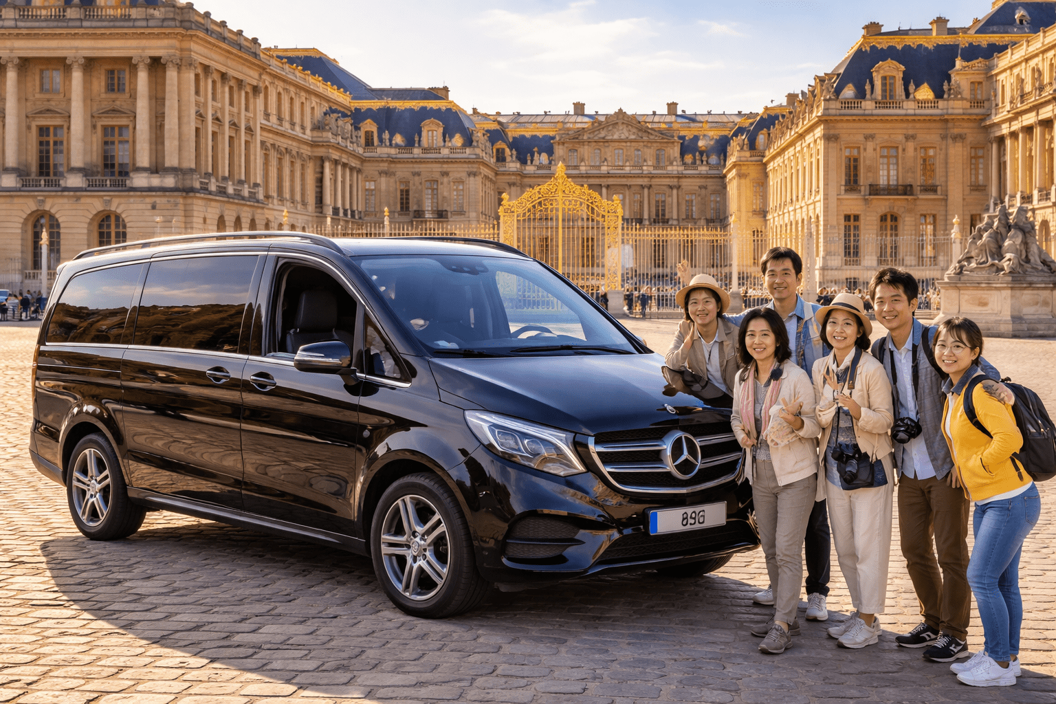 van luxe Versailles avec touristes japonais devant le château de Versailles